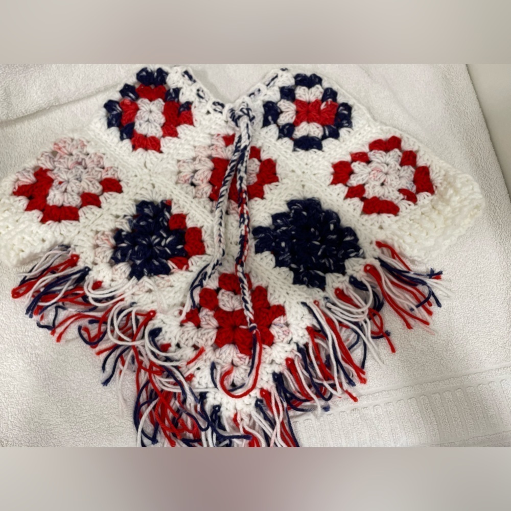 Hand Made Boho Granny Square Crocheted Poncho Sweater